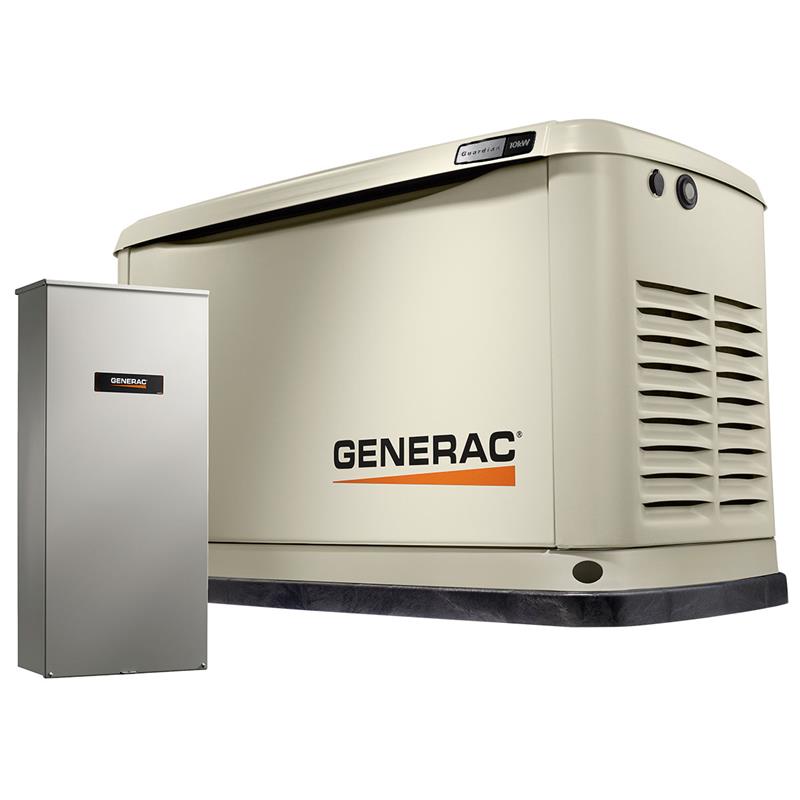 A beige Generac standby generator with a matching automatic transfer switch positioned to the left.